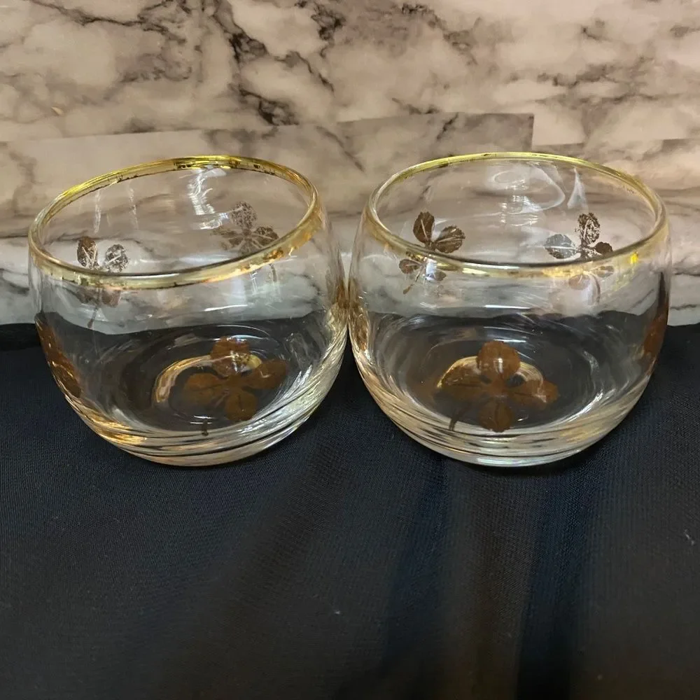 * Federal glass Roly Poly/tumbler glass gold accent four leaf clover set of 2